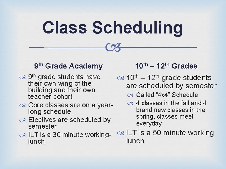 Class Scheduling 9 th Grade Academy 10 th – 12 th Grades 9 th