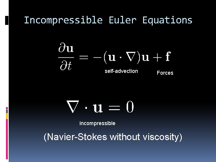 Incompressible Euler Equations self-advection Forces incompressible (Navier-Stokes without viscosity) 