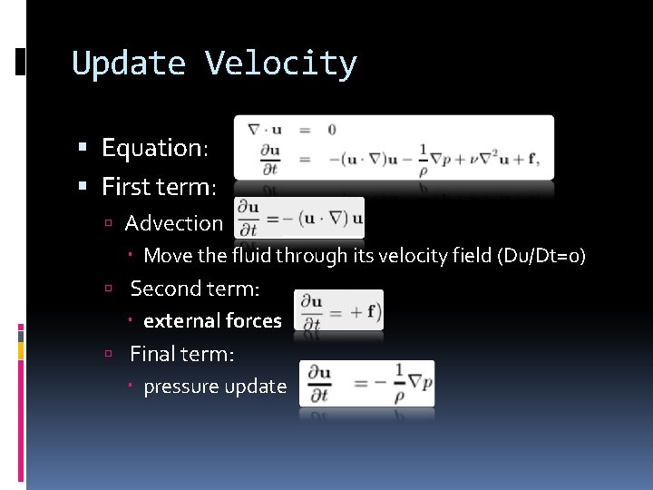 Update Velocity Equation: First term: Advection Move the fluid through its velocity field (Du/Dt=0)