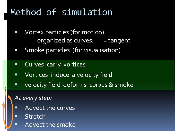 Method of simulation Vortex particles (for motion) organized as curves. = tangent Smoke particles