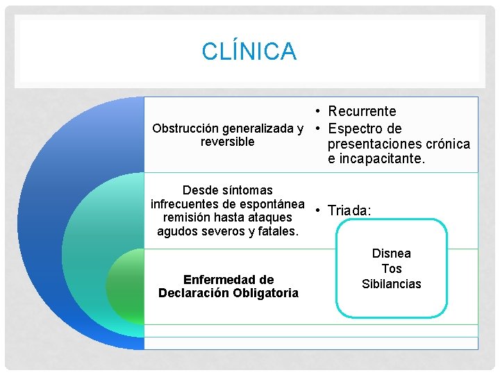 CLÍNICA • Recurrente Obstrucción generalizada y • Espectro de reversible presentaciones crónica e incapacitante.