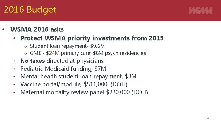 2016 Budget • WSMA 2016 asks • Protect WSMA priority investments from 2015 o