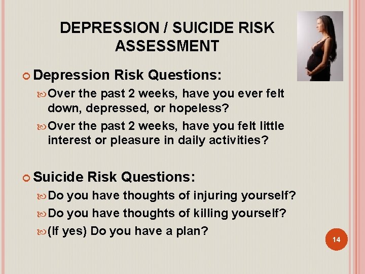 DEPRESSION / SUICIDE RISK ASSESSMENT Depression Risk Questions: Over the past 2 weeks, have