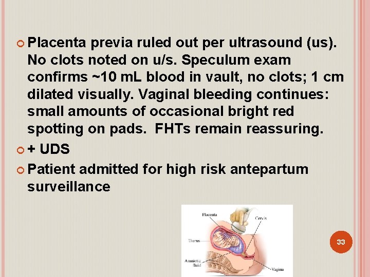  Placenta previa ruled out per ultrasound (us). No clots noted on u/s. Speculum