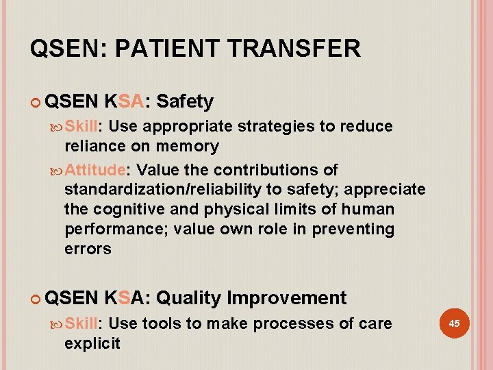 QSEN: PATIENT TRANSFER QSEN KSA: Safety Skill: Use appropriate strategies to reduce reliance on
