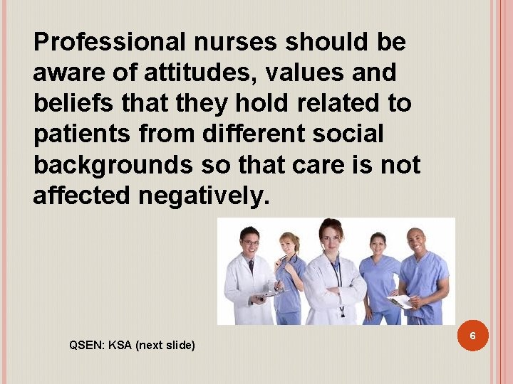 Professional nurses should be aware of attitudes, values and beliefs that they hold related