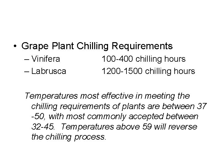  • Grape Plant Chilling Requirements – Vinifera – Labrusca 100 -400 chilling hours