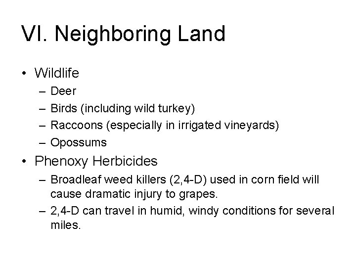 VI. Neighboring Land • Wildlife – – Deer Birds (including wild turkey) Raccoons (especially