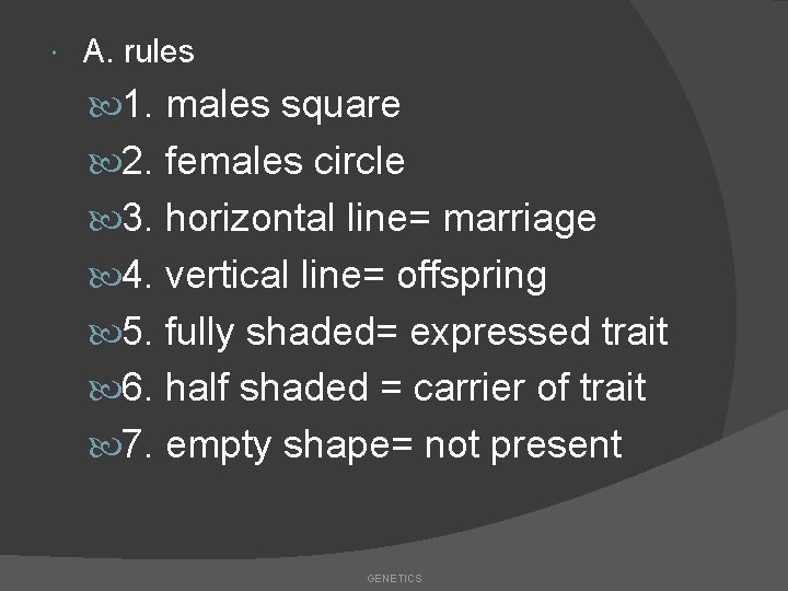  A. rules 1. males square 2. females circle 3. horizontal line= marriage 4.