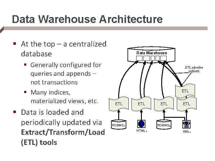 Data Warehouse Architecture § At the top – a centralized database § Generally configured