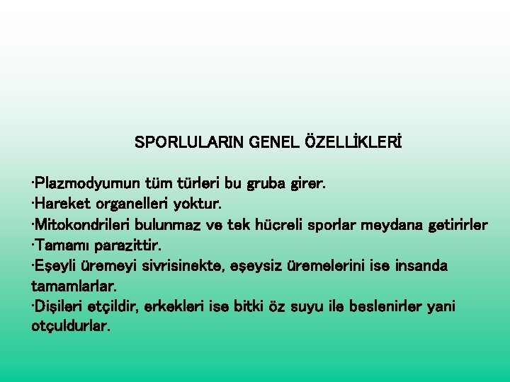 SPORLULARIN GENEL ÖZELLİKLERİ • Plazmodyumun tüm türleri bu gruba girer. • Hareket organelleri yoktur.