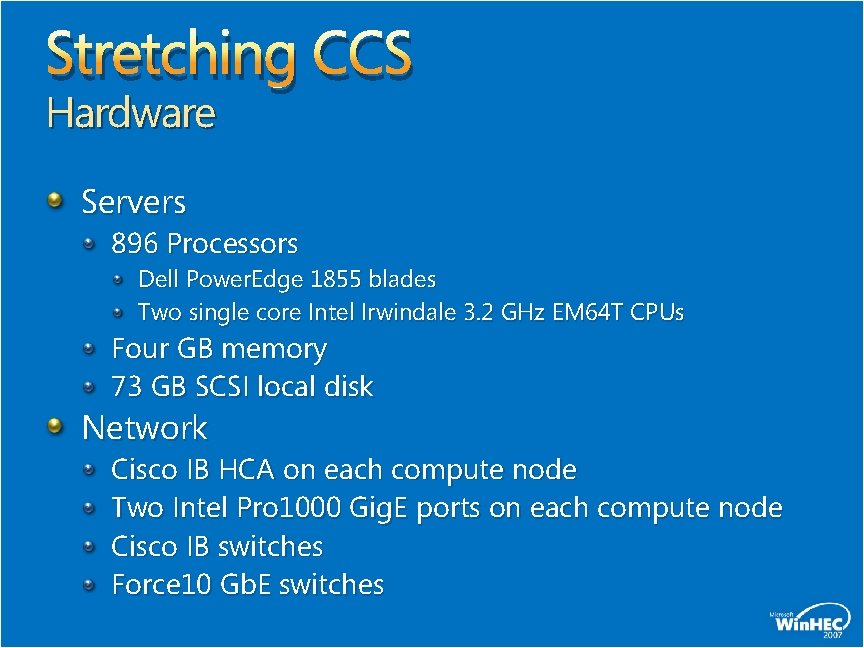 Stretching CCS Hardware Servers 896 Processors Dell Power. Edge 1855 blades Two single core