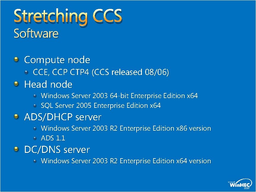 Stretching CCS Software Compute node CCE, CCP CTP 4 (CCS released 08/06) Head node