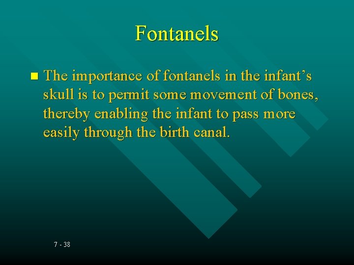 Fontanels The importance of fontanels in the infant’s skull is to permit some movement