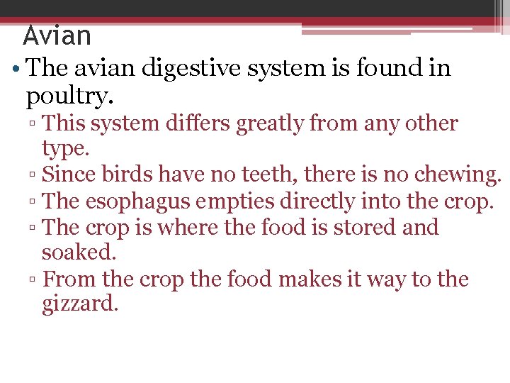 Avian • The avian digestive system is found in poultry. ▫ This system differs