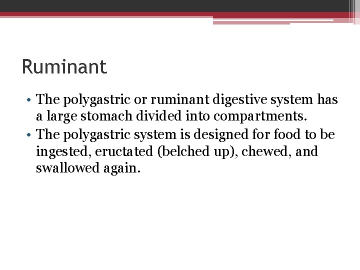 Ruminant • The polygastric or ruminant digestive system has a large stomach divided into