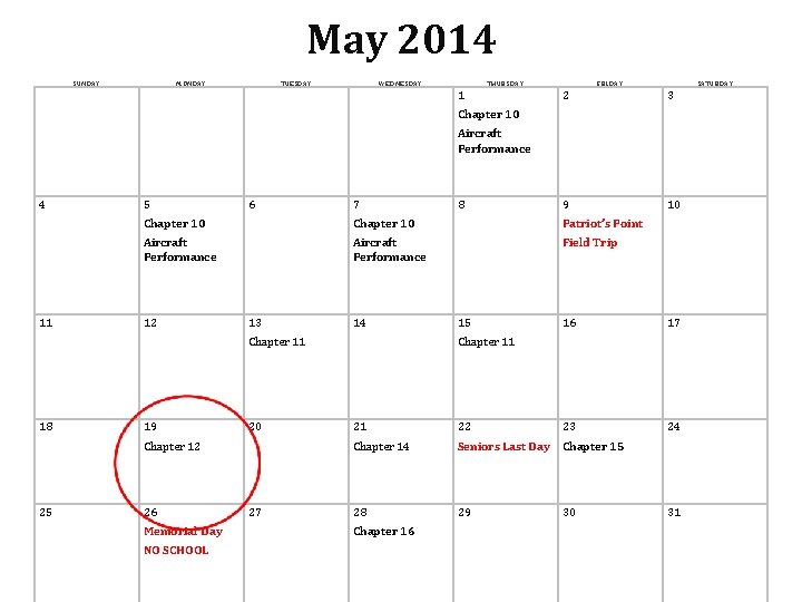 May 2014 SUNDAY MONDAY TUESDAY WEDNESDAY THURSDAY 1 FRIDAY SATURDAY 2 3 Chapter 10 May 2014 SUNDAY MONDAY TUESDAY WEDNESDAY THURSDAY 1 FRIDAY SATURDAY 2 3 Chapter 10