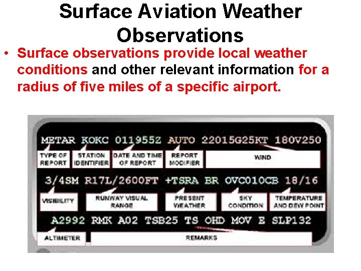 Surface Aviation Weather Observations • Surface observations provide local weather conditions and other relevant Surface Aviation Weather Observations • Surface observations provide local weather conditions and other relevant