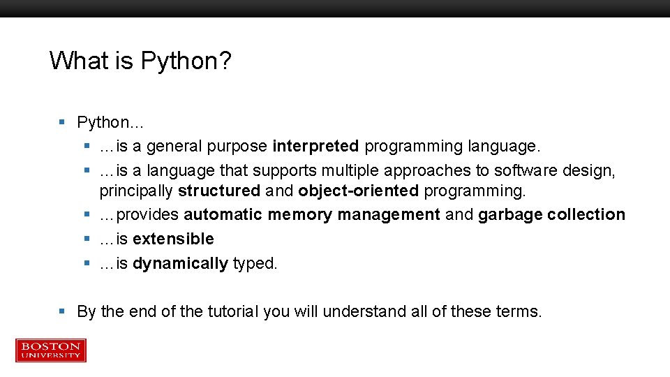 What is Python? § Python… § …is a general purpose interpreted programming language. § What is Python? § Python… § …is a general purpose interpreted programming language. §