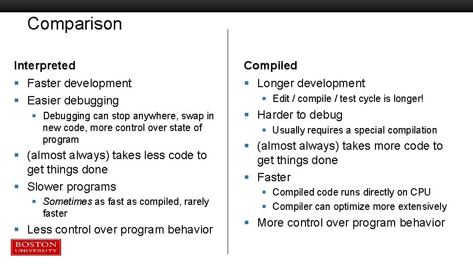 Comparison Interpreted Compiled § Faster development § Easier debugging § Longer development § Debugging Comparison Interpreted Compiled § Faster development § Easier debugging § Longer development § Debugging