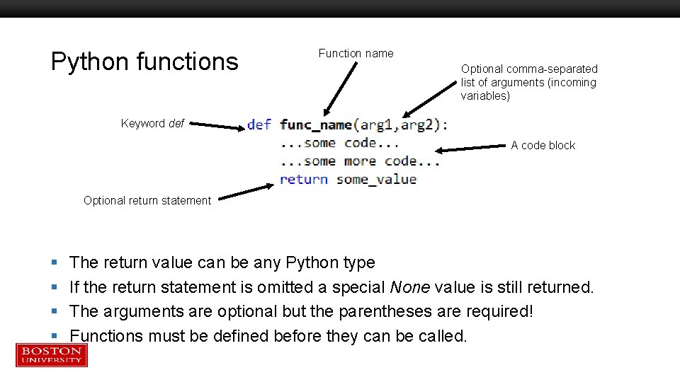 Python functions Function name Optional comma-separated list of arguments (incoming variables) Keyword def A Python functions Function name Optional comma-separated list of arguments (incoming variables) Keyword def A