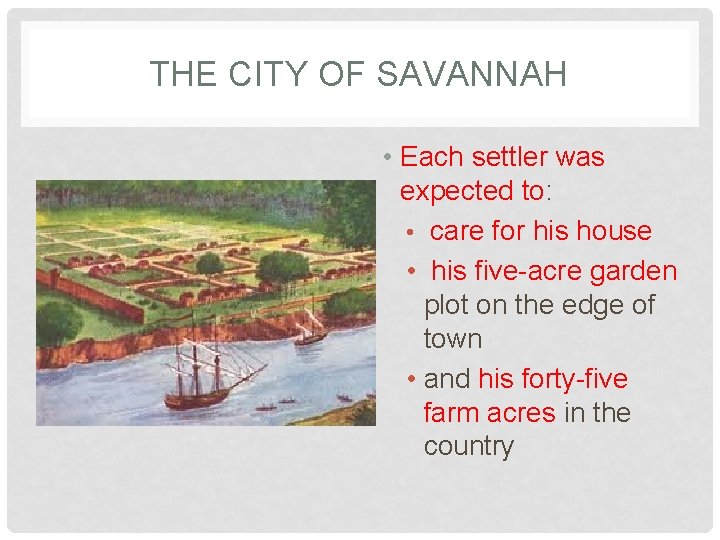THE CITY OF SAVANNAH • Each settler was expected to: • care for his