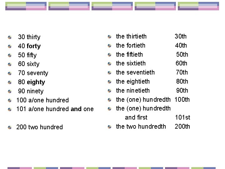 30 thirty 40 forty 50 fifty 60 sixty 70 seventy 80 eighty 90 ninety