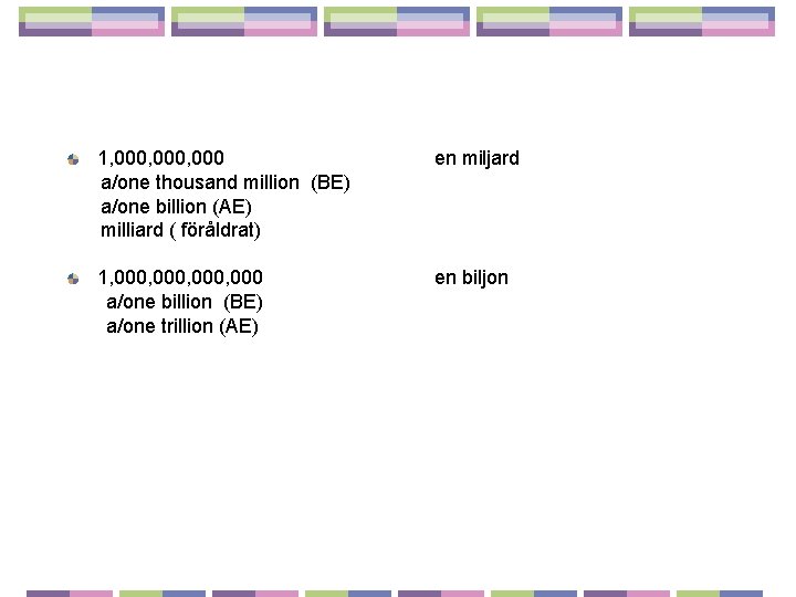 1, 000, 000 a/one thousand million (BE) a/one billion (AE) milliard ( föråldrat) en