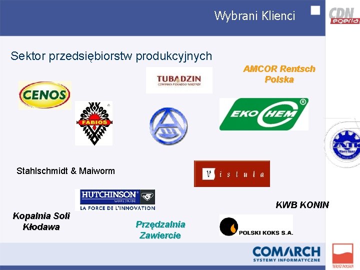 Wybrani Klienci Sektor przedsiębiorstw produkcyjnych AMCOR Rentsch Polska Stahlschmidt & Maiworm KWB KONIN Kopalnia