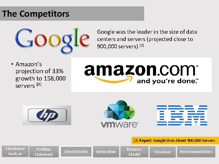 The Competitors Google was the leader in the size of data centers and servers