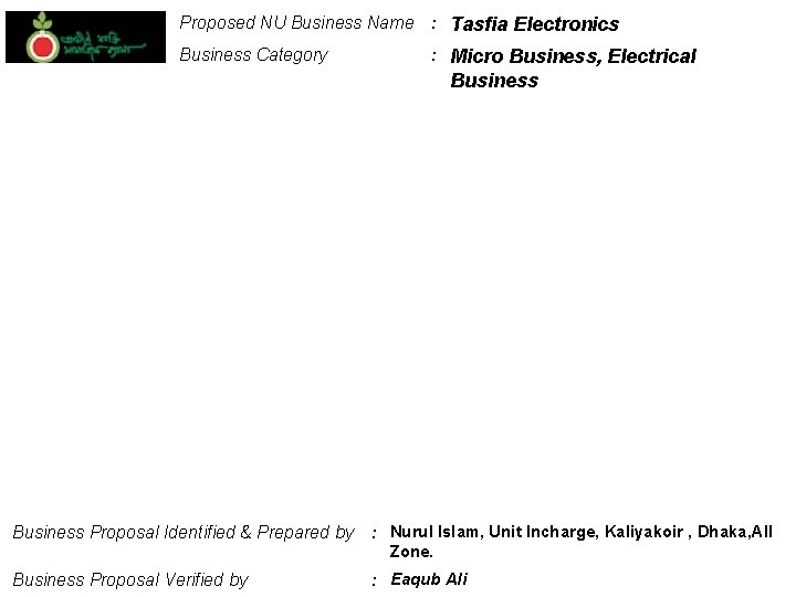 Proposed NU Business Name : Tasfia Electronics Business Category : Micro Business, Electrical Business