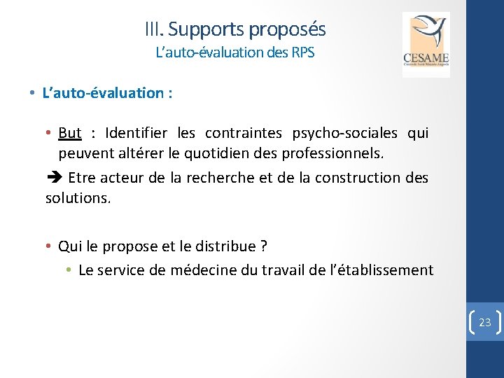 III. Supports proposés L’auto-évaluation des RPS • L’auto-évaluation : • But : Identifier les