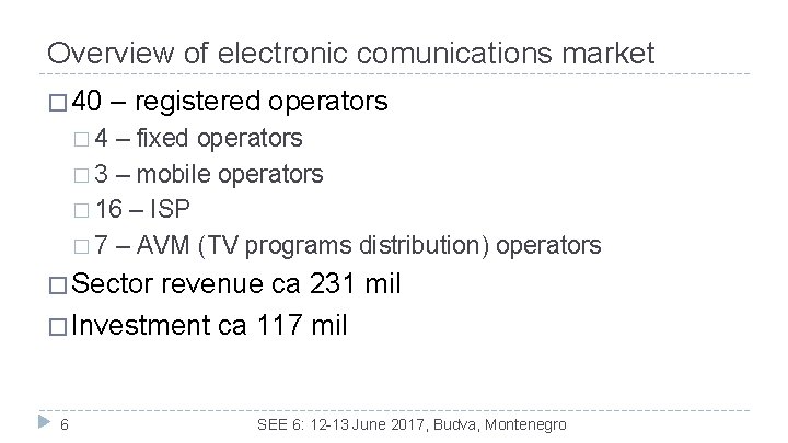 Overview of electronic comunications market � 40 – registered operators � 4 – fixed