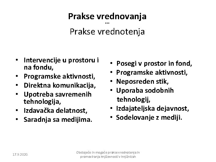 Prakse vrednovanja *** Prakse vrednotenja • Intervencije u prostoru i na fondu, • Programske