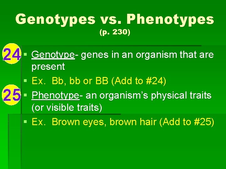 Genotypes vs. Phenotypes (p. 230) 24 § Genotype- genes in an organism that are