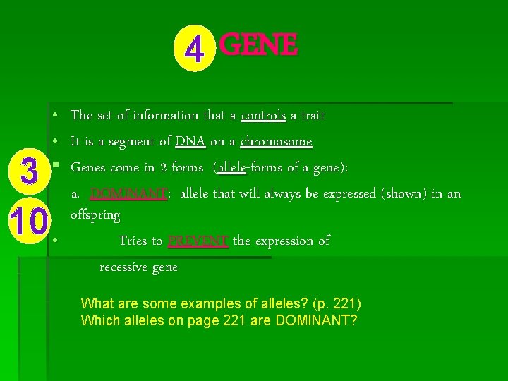 4 GENE 3 10 • • § The set of information that a controls