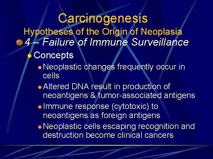 Carcinogenesis Hypotheses of the Origin of Neoplasia 4 – Failure of Immune Surveillance l