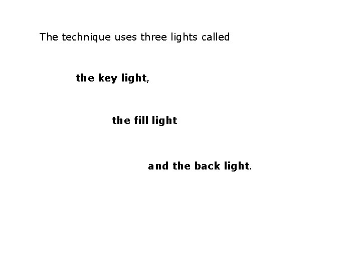 The technique uses three lights called the key light, the fill light and the The technique uses three lights called the key light, the fill light and the