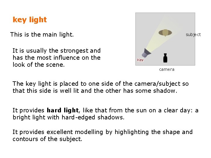 key light This is the main light. It is usually the strongest and has key light This is the main light. It is usually the strongest and has