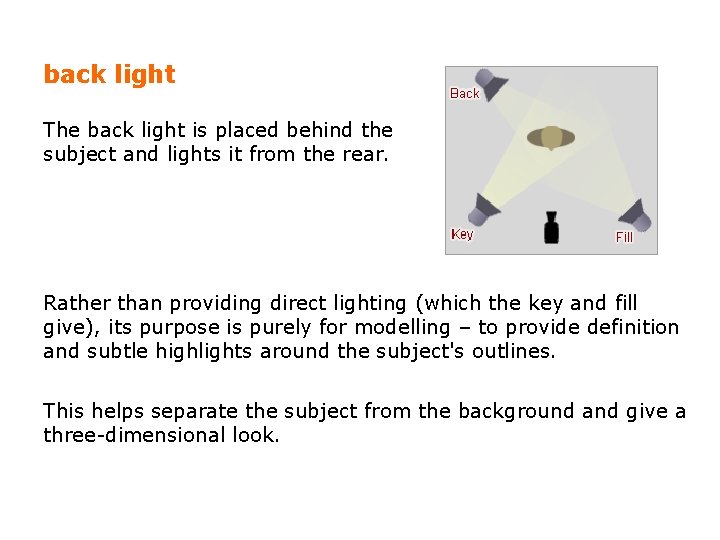 back light The back light is placed behind the subject and lights it from back light The back light is placed behind the subject and lights it from
