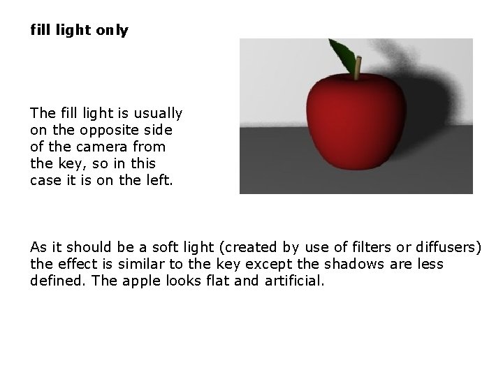 fill light only The fill light is usually on the opposite side of the fill light only The fill light is usually on the opposite side of the