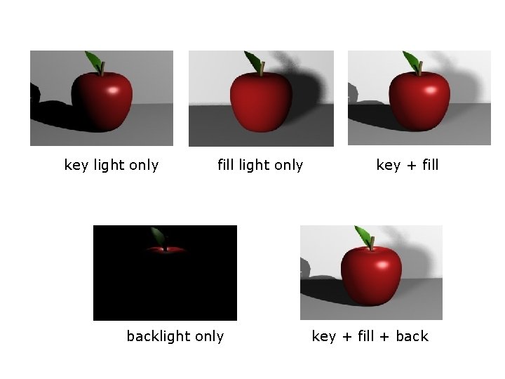 key light only fill light only backlight only key + fill + back key light only fill light only backlight only key + fill + back