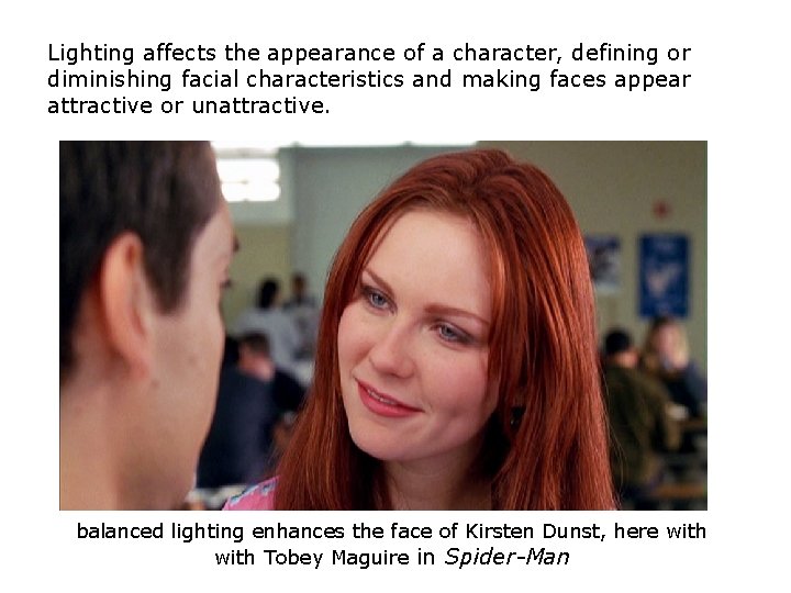 Lighting affects the appearance of a character, defining or diminishing facial characteristics and making Lighting affects the appearance of a character, defining or diminishing facial characteristics and making