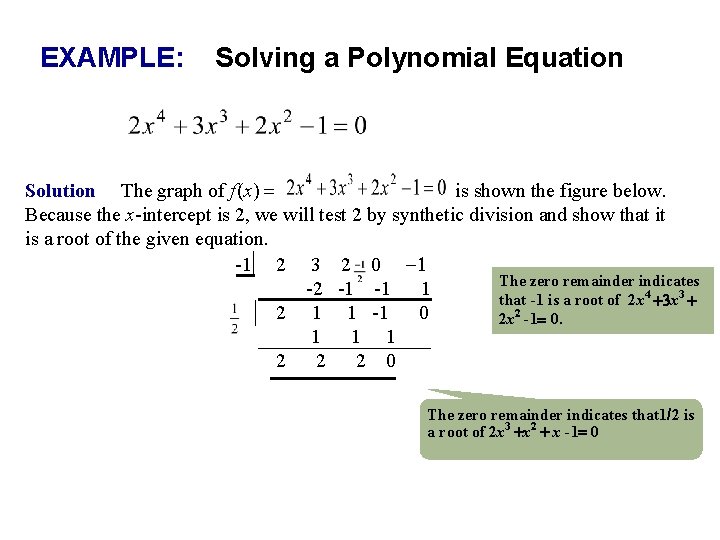 EXAMPLE: Solving a Polynomial Equation Solution The graph of f (x) = is shown EXAMPLE: Solving a Polynomial Equation Solution The graph of f (x) = is shown