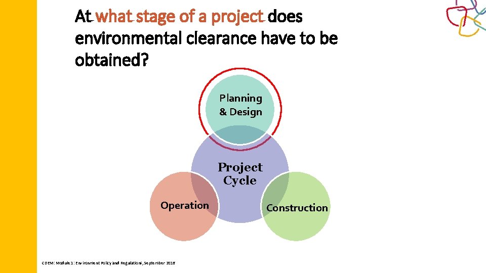 At what stage of a project does environmental clearance have to be obtained? Planning