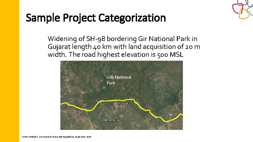 Sample Project Categorization Widening of SH-98 bordering Gir National Park in Gujarat length 40