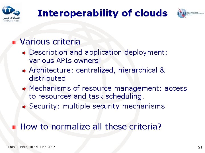 Interoperability of clouds Various criteria Description and application deployment: various APIs owners! Architecture: centralized, Interoperability of clouds Various criteria Description and application deployment: various APIs owners! Architecture: centralized,