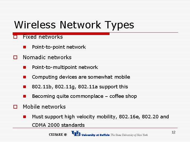 Wireless Network Types o Fixed networks n Point-to-point network o Nomadic networks n Point-to-multipoint