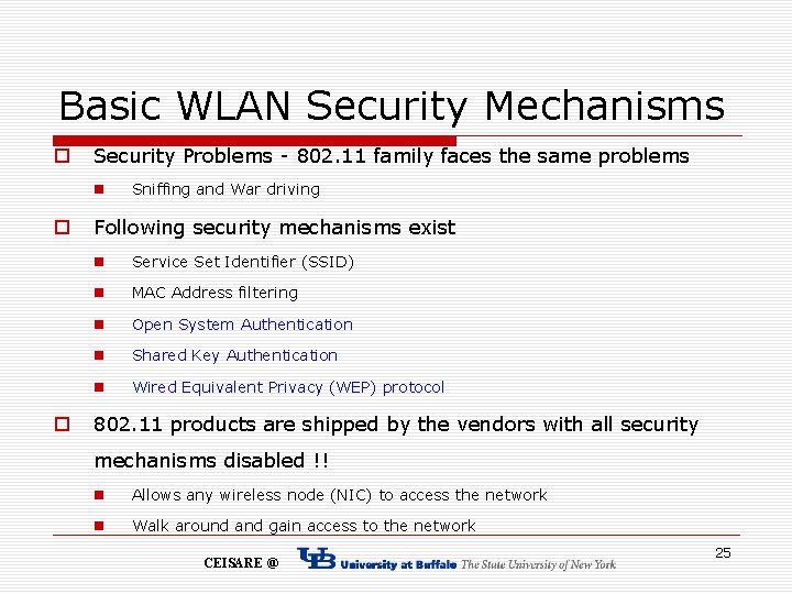 Basic WLAN Security Mechanisms o Security Problems - 802. 11 family faces the same