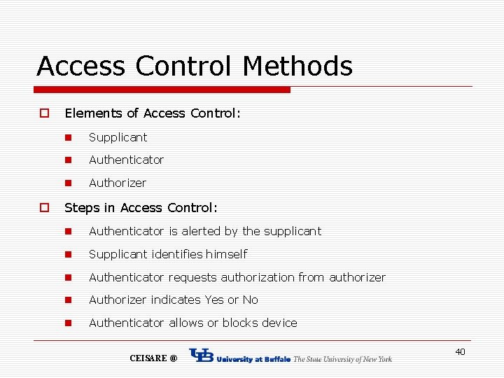 Access Control Methods o o Elements of Access Control: n Supplicant n Authenticator n